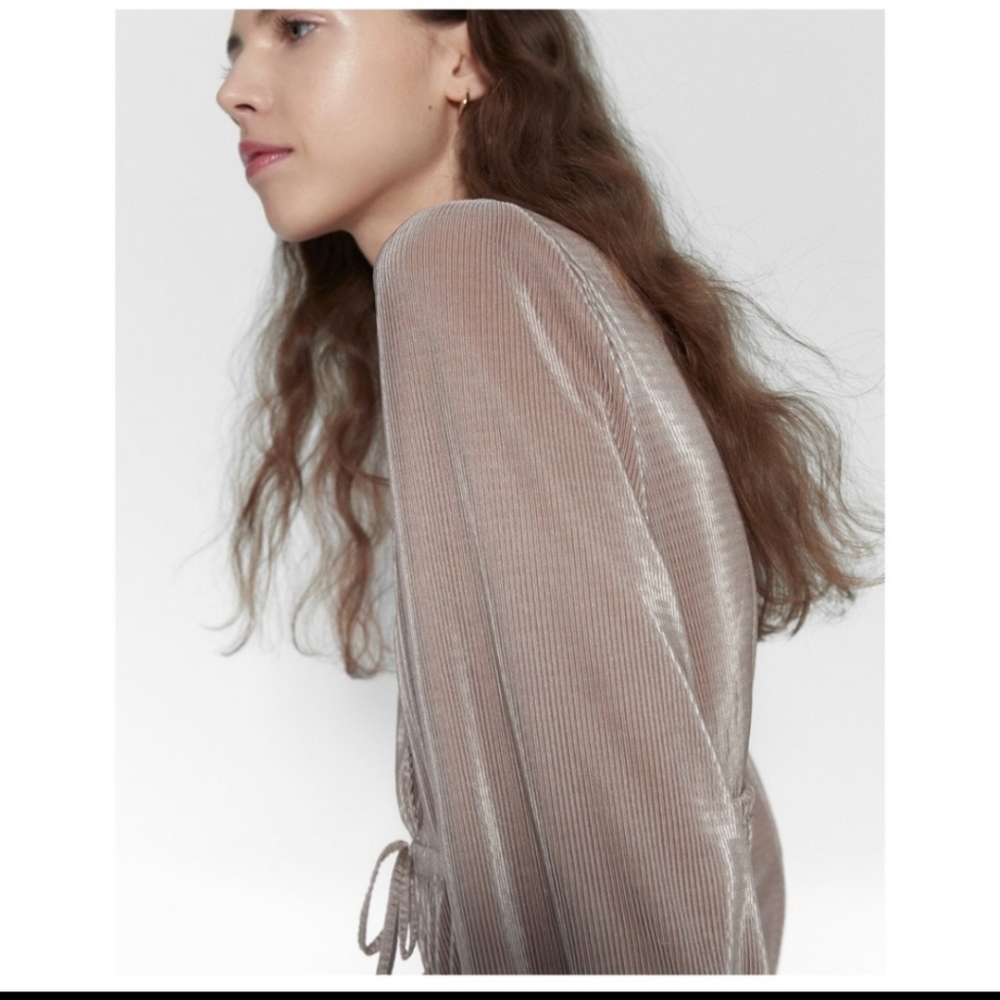 ZARA Taupe Pleated Wrap V-neck Top Large - Picture 12 of 16